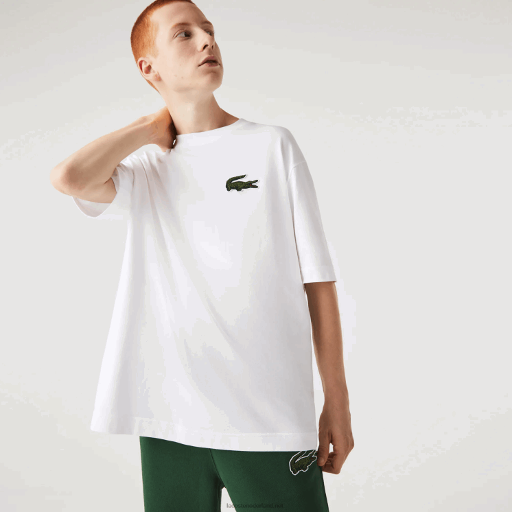 Lacoste losvallend groot T-shirt van biologisch katoen met krokodillenleer 0828H75 wit 001 Heren