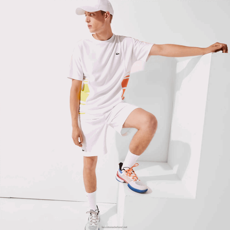 Lacoste piqué T-shirt met ronde hals en sport grafische banden 0828H1922 wit geel oranje d0v Heren