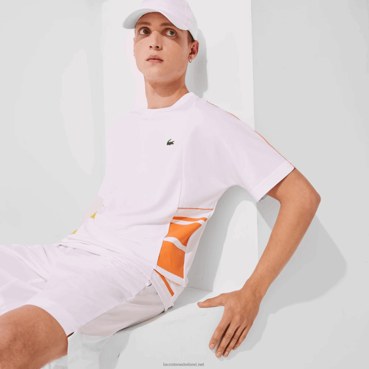 Lacoste piqué T-shirt met ronde hals en sport grafische banden 0828H1922 wit geel oranje d0v Heren