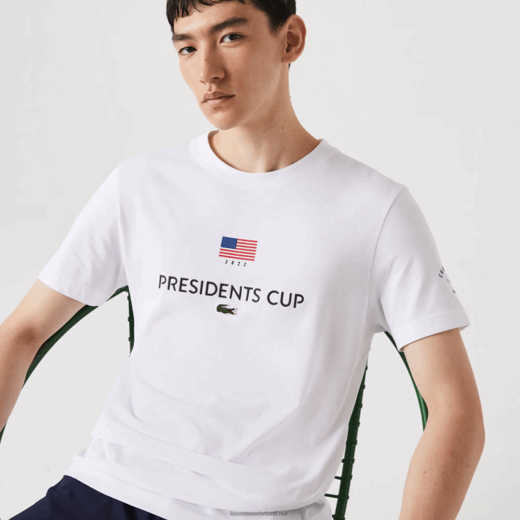 Lacoste presidents cup sport t-shirt met Amerikaanse vlag 0828H861 wit 001 Heren
