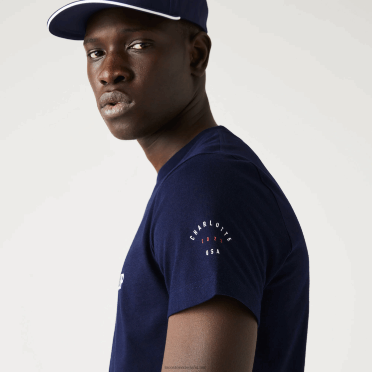 Lacoste presidents cup sport t-shirt met Amerikaanse vlag 0828H862 marineblauw 166 Heren