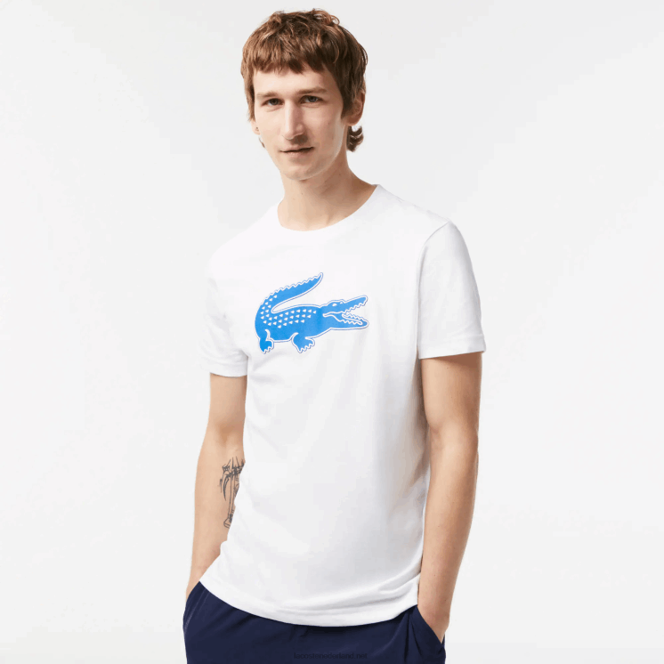 Lacoste sport 3D print krokodil ademend jersey t-shirt 0828H122 wit blauw elke Heren