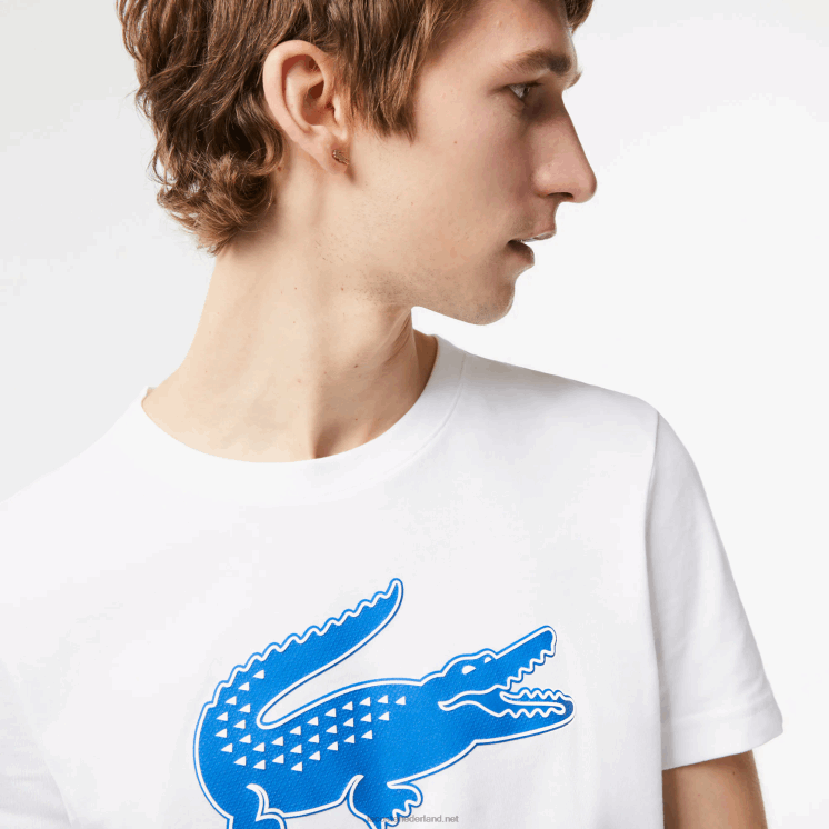 Lacoste sport 3D print krokodil ademend jersey t-shirt 0828H122 wit blauw elke Heren