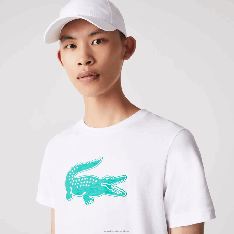 Lacoste sport 3D print krokodil ademend jersey t-shirt 0828H745 wit groen w1j Heren