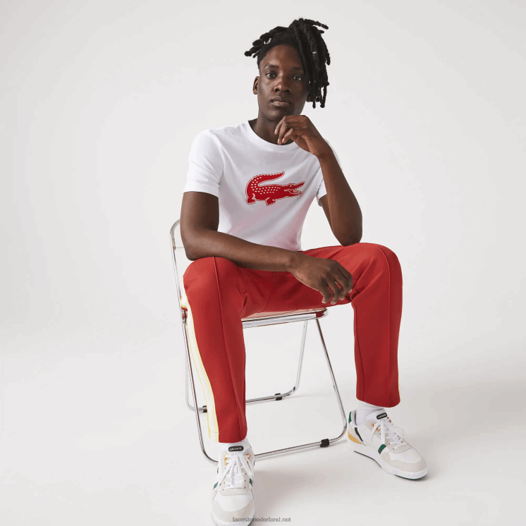 Lacoste sport 3D print krokodil ademend jersey t-shirt 0828H87 wit rood b6c Heren