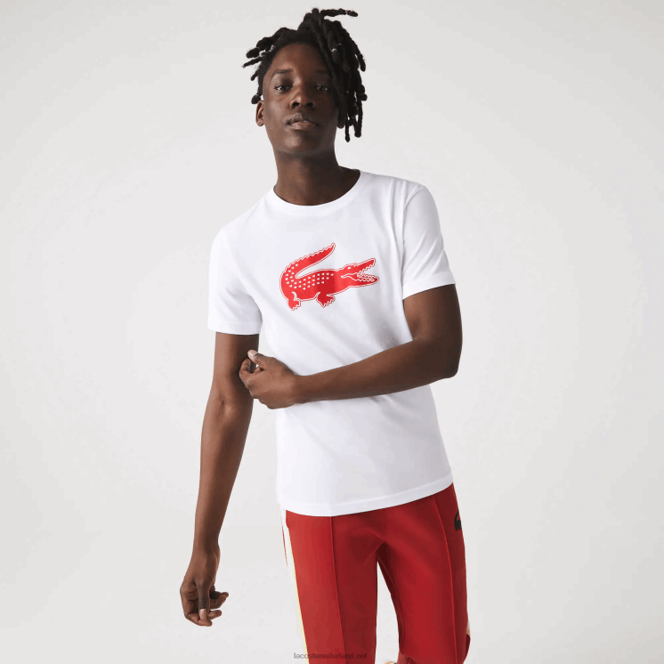 Lacoste sport 3D print krokodil ademend jersey t-shirt 0828H87 wit rood b6c Heren