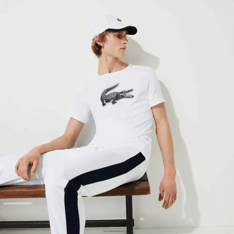 Lacoste sport 3D print krokodil ademend jersey t-shirt 0828H89 wit marineblauw 522 Heren