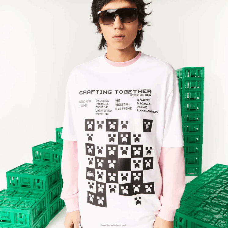 lacoste x minecraft losvallend T-shirt van biologisch katoen 0828H853 wit 001 Heren