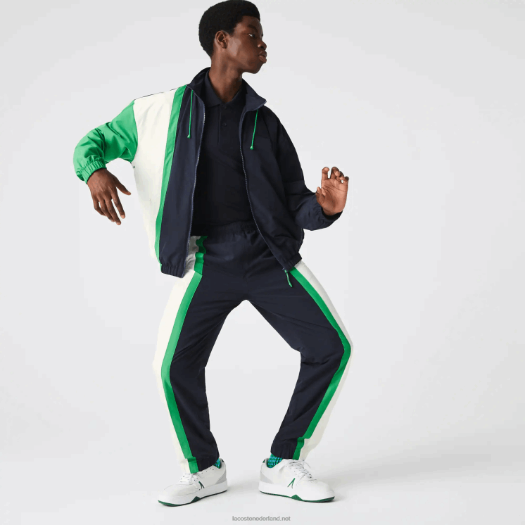 Lacoste lichtgewicht waterafstotende trainingsbroek met kleurvlakken 0828H1180 marineblauw wit groen 19v Heren