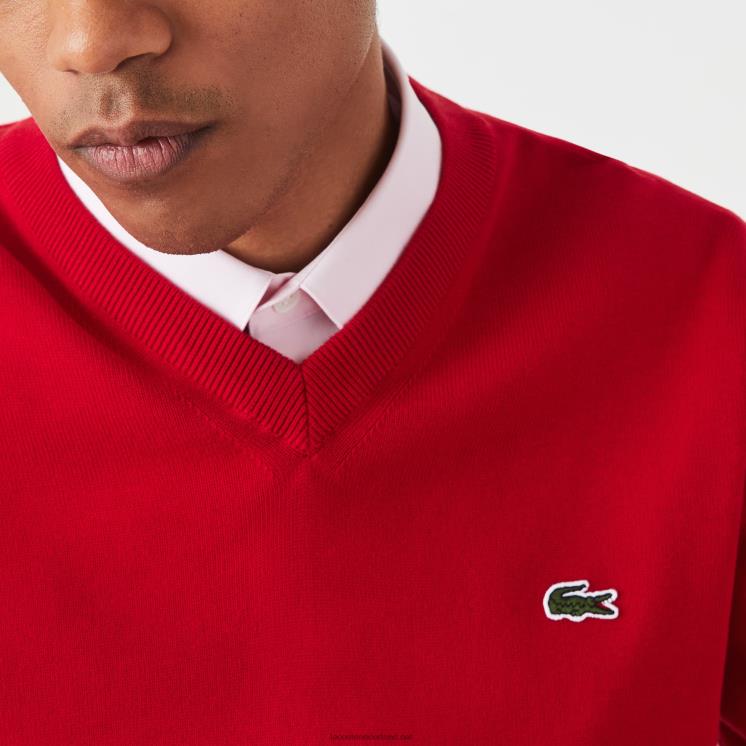 Lacoste V-hals trui van biologisch katoen 0828H1324 rood 240 Heren
