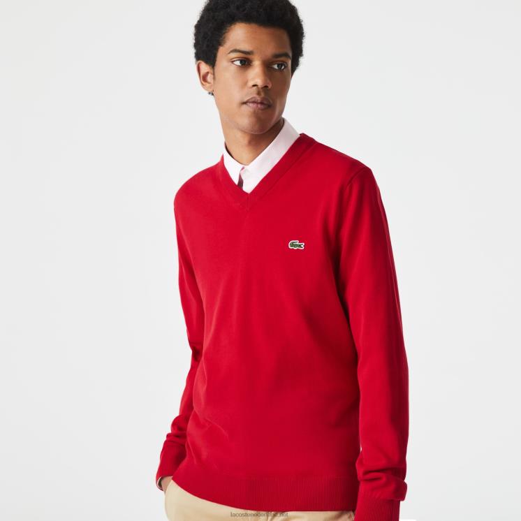 Lacoste V-hals trui van biologisch katoen 0828H1324 rood 240 Heren