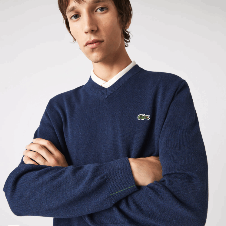 Lacoste V-hals trui van biologisch katoen 0828H1325 blauwe rug 3gf Heren