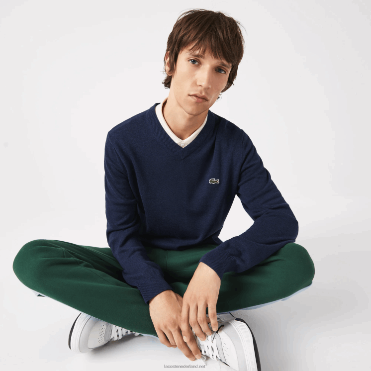 Lacoste V-hals trui van biologisch katoen 0828H1325 blauwe rug 3gf Heren