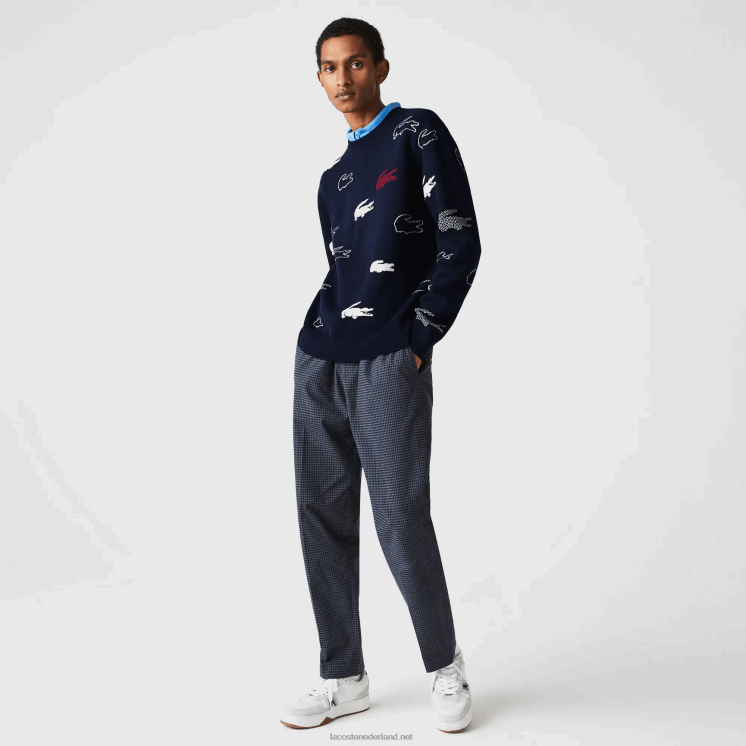 Lacoste gemaakt in frankrijk jacquard trui met ronde hals van biologisch katoen 0828H1629 zwart/wit hh Heren