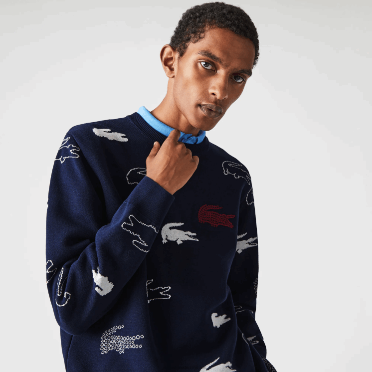 Lacoste gemaakt in frankrijk jacquard trui met ronde hals van biologisch katoen 0828H1629 zwart/wit hh Heren