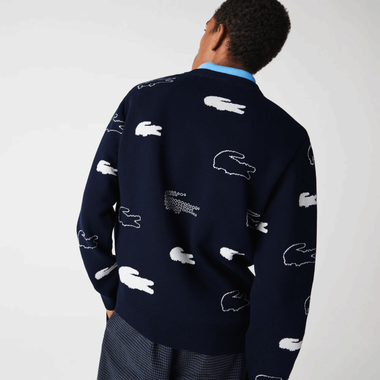 Lacoste gemaakt in frankrijk jacquard trui met ronde hals van biologisch katoen 0828H1629 zwart/wit hh Heren