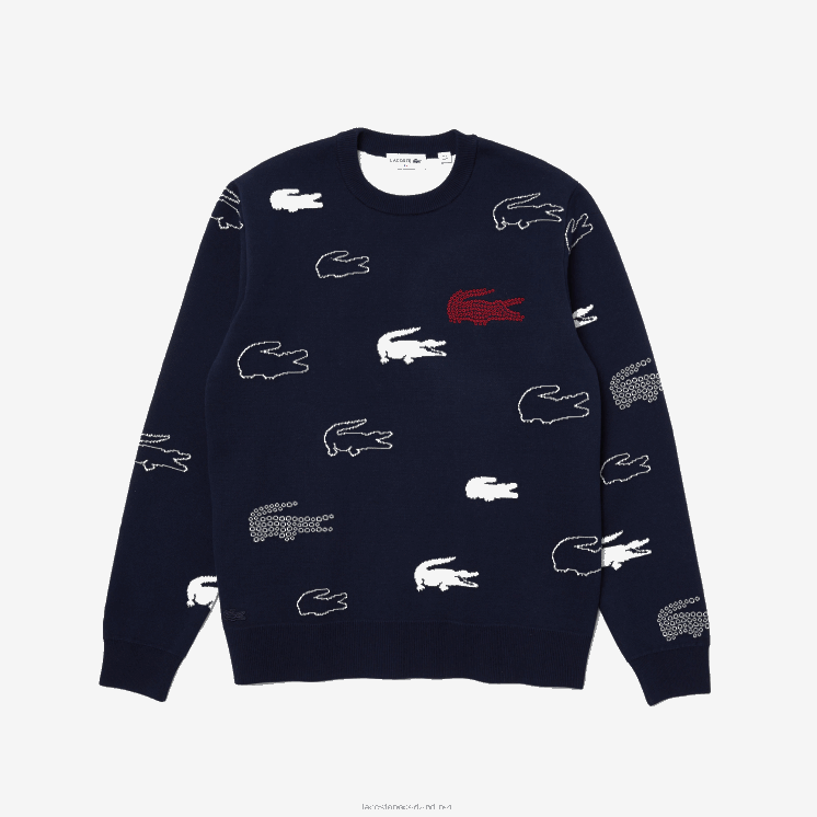 Lacoste gemaakt in frankrijk jacquard trui met ronde hals van biologisch katoen 0828H1629 zwart/wit hh Heren