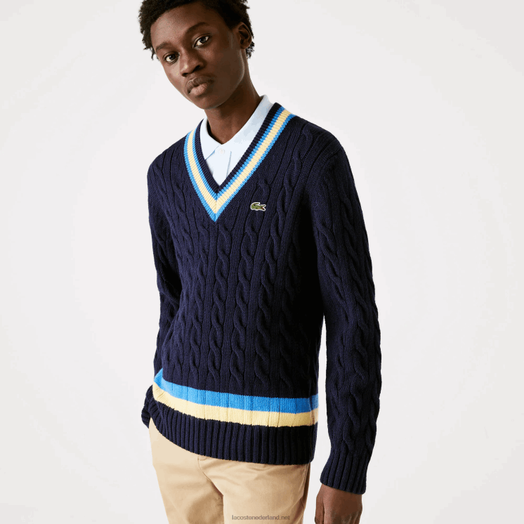 Lacoste klassieke pasvorm contrast gestreepte wollen trui 0828H1517 marineblauw geel blauw 7kz Heren