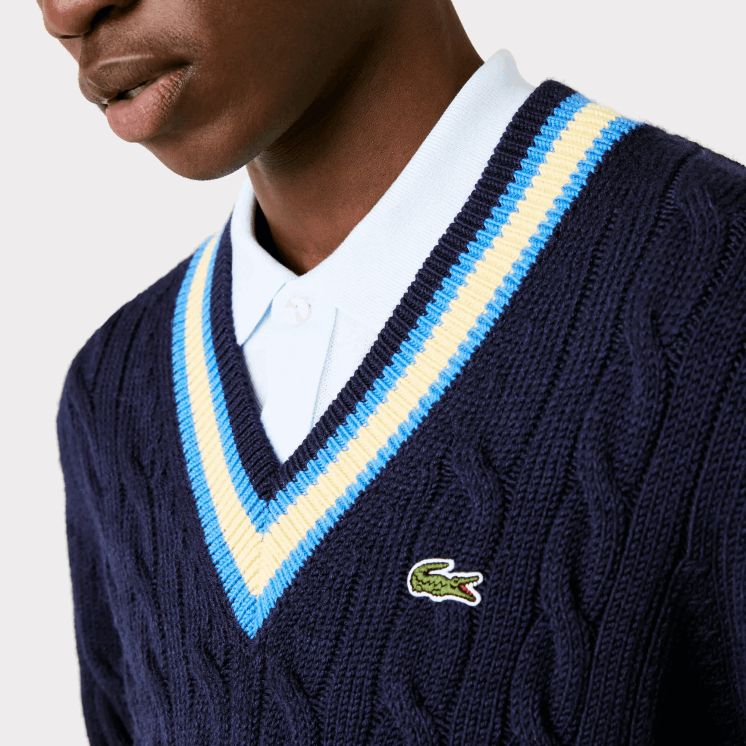 Lacoste klassieke pasvorm contrast gestreepte wollen trui 0828H1517 marineblauw geel blauw 7kz Heren