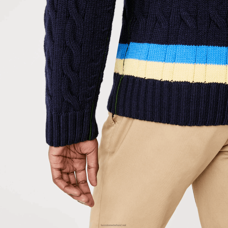 Lacoste klassieke pasvorm contrast gestreepte wollen trui 0828H1517 marineblauw geel blauw 7kz Heren