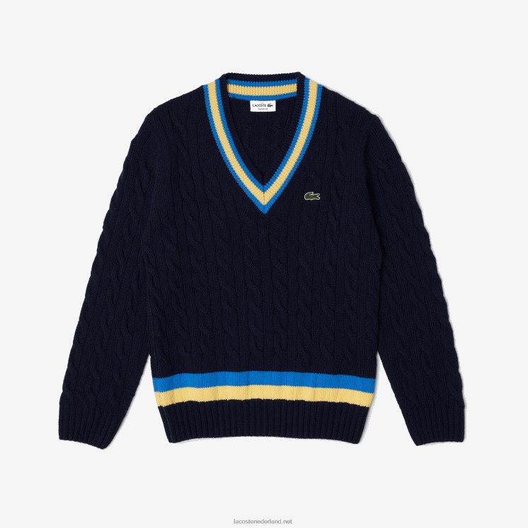 Lacoste klassieke pasvorm contrast gestreepte wollen trui 0828H1517 marineblauw geel blauw 7kz Heren