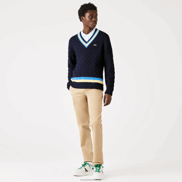 Lacoste klassieke pasvorm contrast gestreepte wollen trui 0828H1517 marineblauw geel blauw 7kz Heren