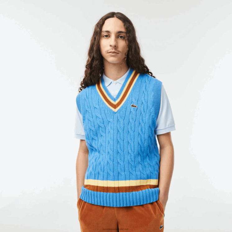 Lacoste klassieke pasvorm wollen trui vest 0828H1470 blauw bruin geel 7ms Heren