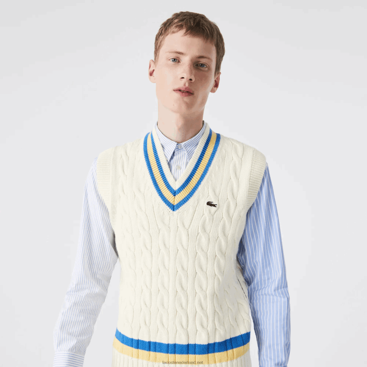 Lacoste klassieke pasvorm wollen trui vest 0828H1471 wit geel blauw 7mz Heren