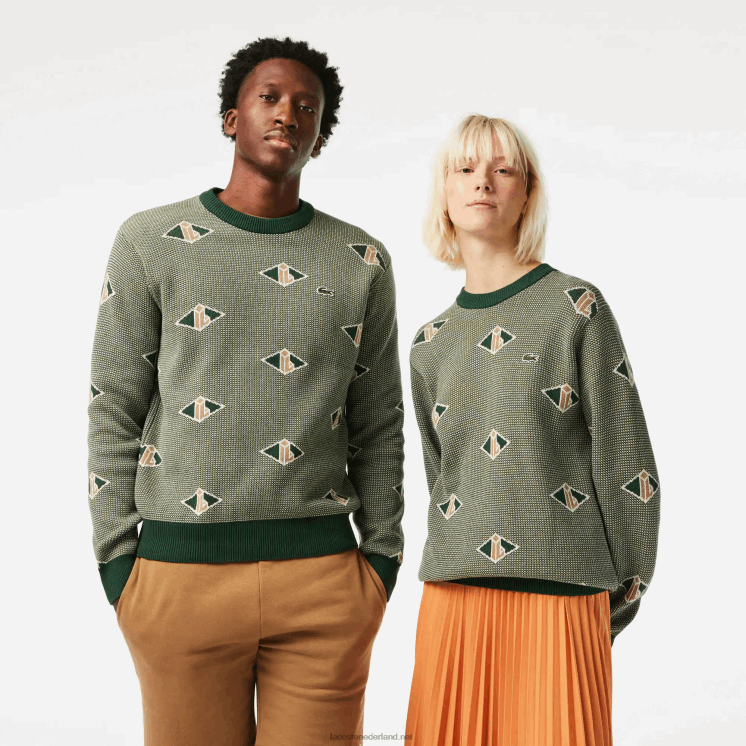 Lacoste sweater met klassieke pasvorm en monogrampatroon 0828H1504 groen beige wit lvt Heren