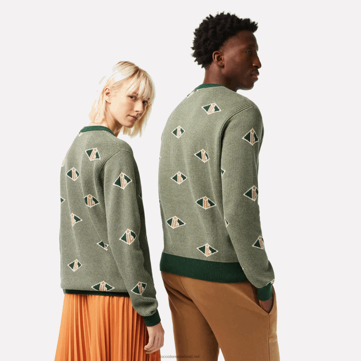 Lacoste sweater met klassieke pasvorm en monogrampatroon 0828H1504 groen beige wit lvt Heren