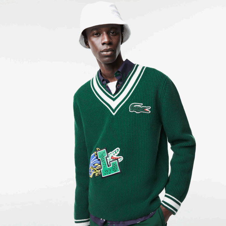 Lacoste trui met komische badge 0828H1379 groen wit jr Heren