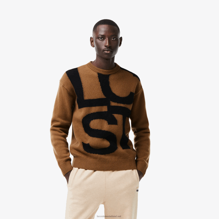 Lacoste wollen trui met klassieke pasvorm en contrastletters 0828H1448 bruin zwart xp9 Heren