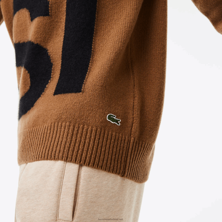 Lacoste wollen trui met klassieke pasvorm en contrastletters 0828H1448 bruin zwart xp9 Heren