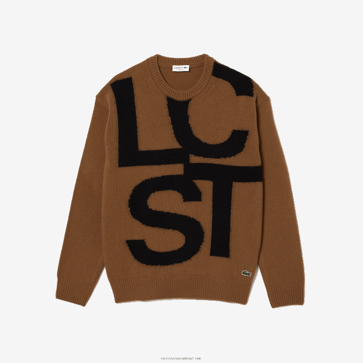 Lacoste wollen trui met klassieke pasvorm en contrastletters 0828H1448 bruin zwart xp9 Heren