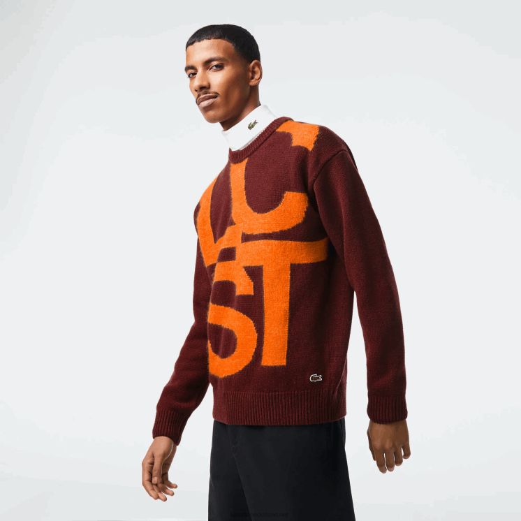 Lacoste wollen trui met klassieke pasvorm en contrastletters 0828H1449 bordeaux sinaasappel 7h7 Heren