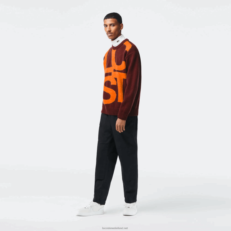 Lacoste wollen trui met klassieke pasvorm en contrastletters 0828H1449 bordeaux sinaasappel 7h7 Heren