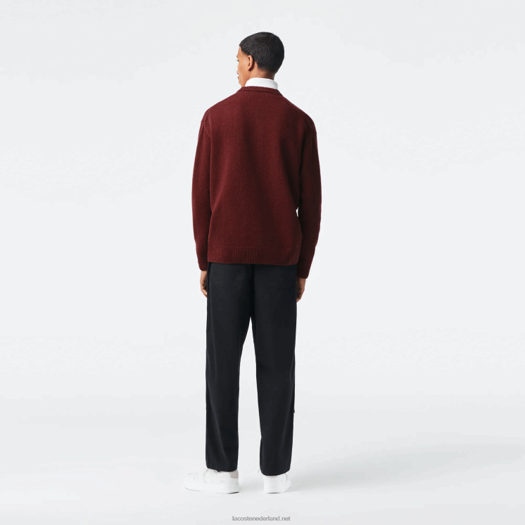 Lacoste wollen trui met klassieke pasvorm en contrastletters 0828H1449 bordeaux sinaasappel 7h7 Heren