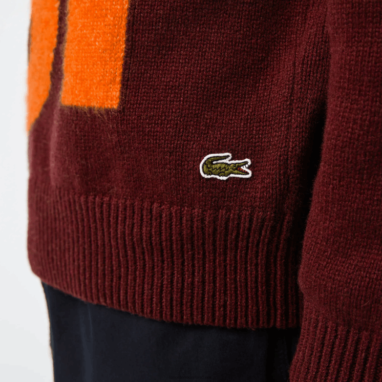 Lacoste wollen trui met klassieke pasvorm en contrastletters 0828H1449 bordeaux sinaasappel 7h7 Heren