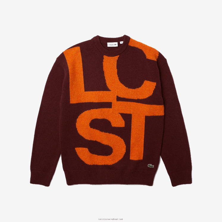 Lacoste wollen trui met klassieke pasvorm en contrastletters 0828H1449 bordeaux sinaasappel 7h7 Heren