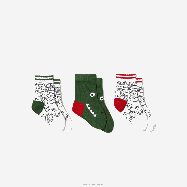 Lacoste 3-pack sokken met krokodillenprint 0828H2979 wit groen marineblauw fwy kinderen