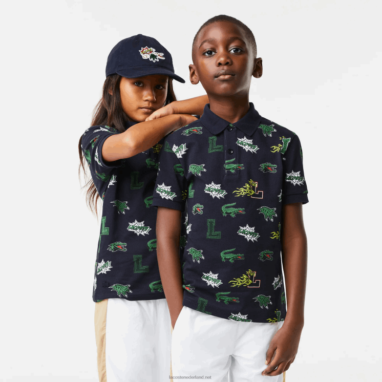 Lacoste Polo met komisch effect krokodillenprint 0828H2955 marineblauw 166 kinderen