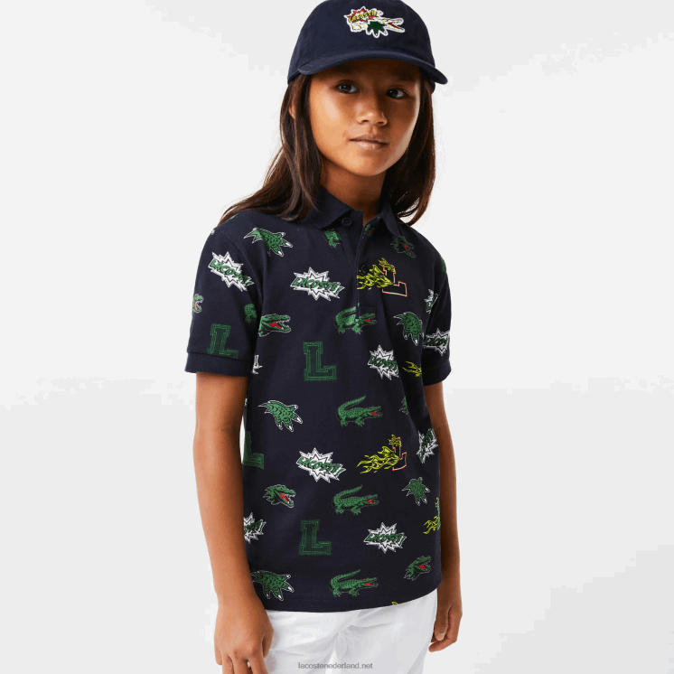 Lacoste Polo met komisch effect krokodillenprint 0828H2955 marineblauw 166 kinderen