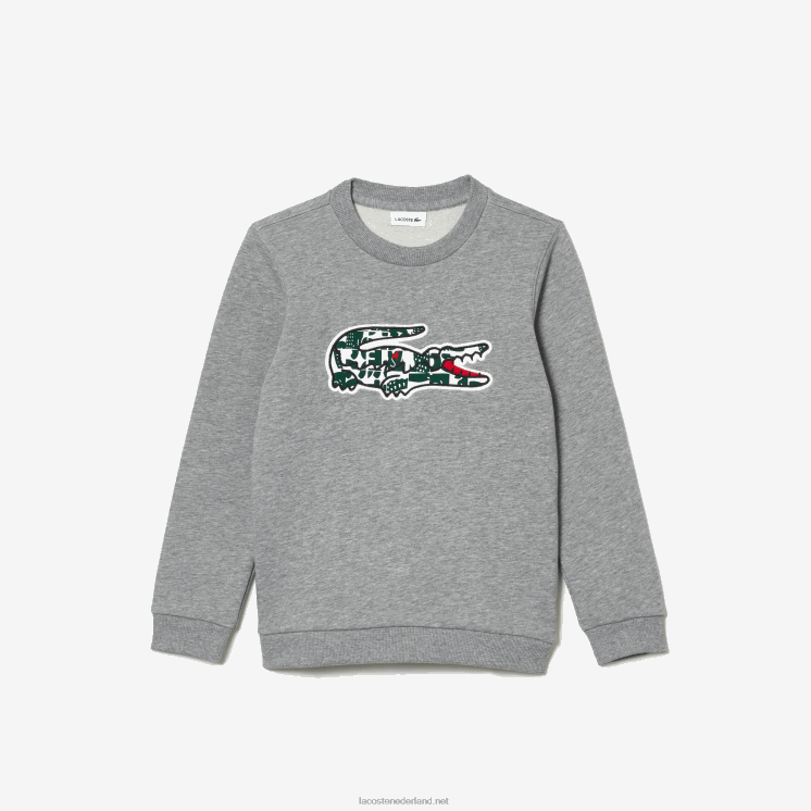 Lacoste Heritage-sweatshirt van katoenfleece met ronde hals en krokodillenleer 0828H3255 grijs chine wit groen jnd kinderen