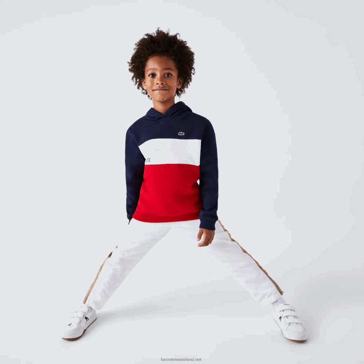 Lacoste Sweatshirt met capuchon met kleurvlakken 0828H3208 marineblauw wit rood wet jongens