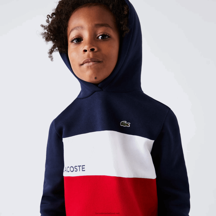 Lacoste Sweatshirt met capuchon met kleurvlakken 0828H3208 marineblauw wit rood wet jongens