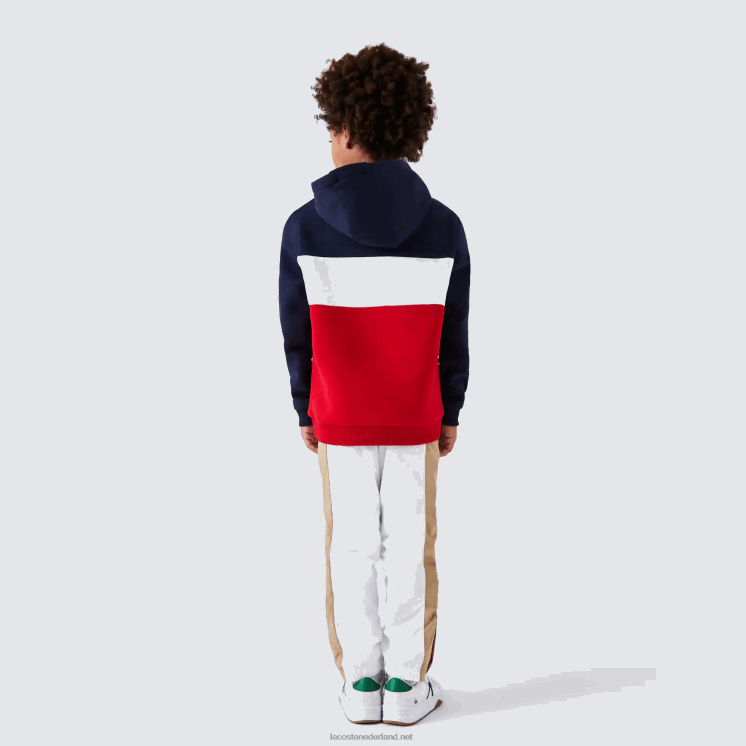 Lacoste Sweatshirt met capuchon met kleurvlakken 0828H3208 marineblauw wit rood wet jongens