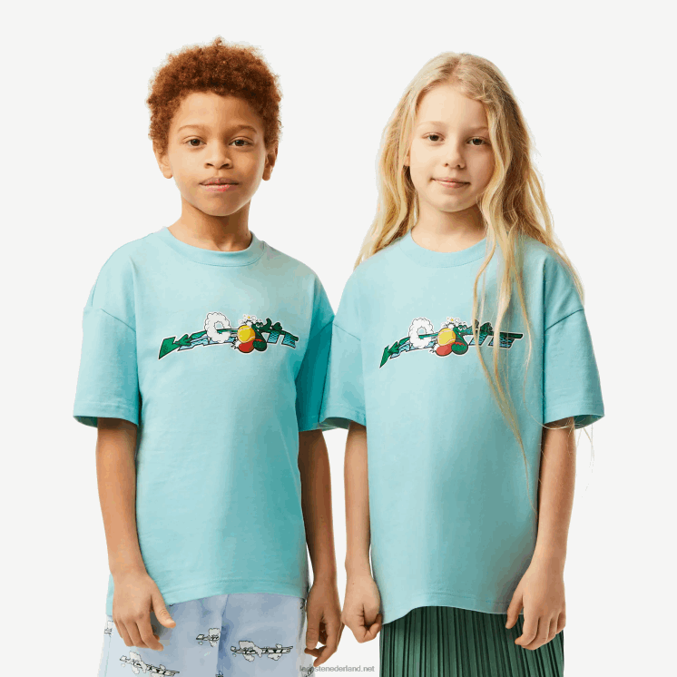 Lacoste T-shirt met merknaam van jersey van biologisch katoen 0828H3039 lichtgroen wit y7i kinderen