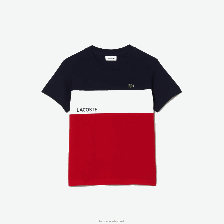Lacoste T-shirt van katoenen jersey met kleurvlakken 0828H3180 marineblauw wit rood wet jongens