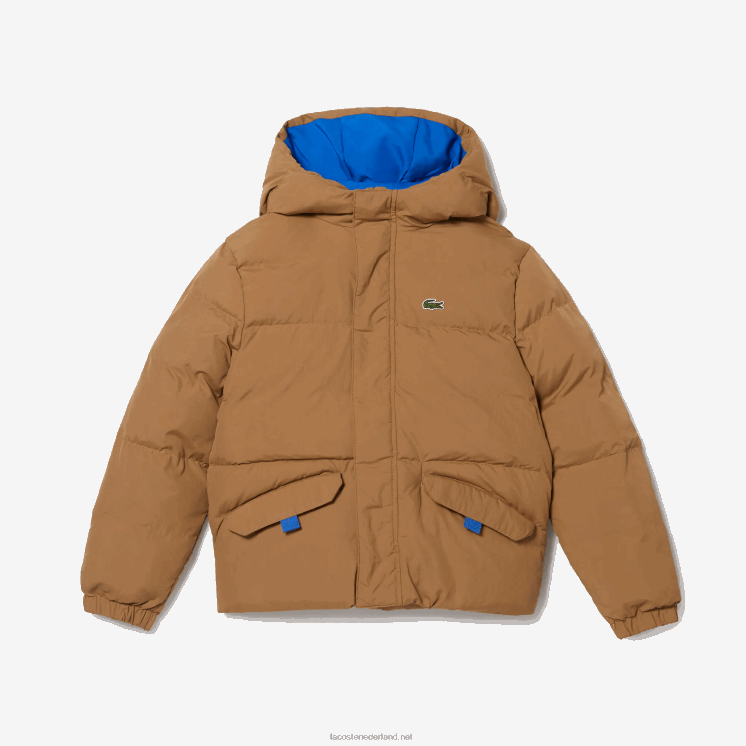 Lacoste Tafzijde jack met krokodillenborduurwerk en capuchon 0828H3222 bruin blauw 9fg kinderen