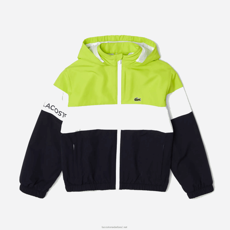 Lacoste jack met capuchon van gerecycled polyester met rits 0828H3054 marineblauw wit geel erv kinderen